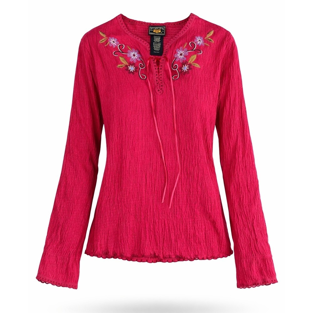 Route 66 Red Embroidered Boho Blouse Y2K Stretch Top Womens S NWT
